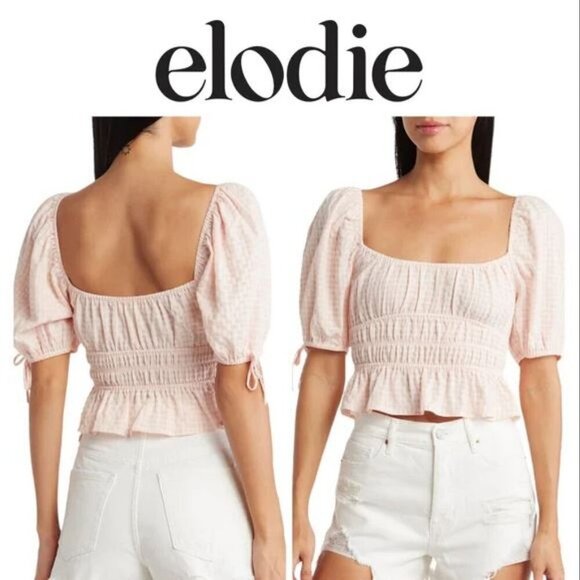 2/100🥑NWT Anthropologie Square-neck Gingham Milk-maid Top Puff Sleeve Baby Pink - Picture 1 of 16